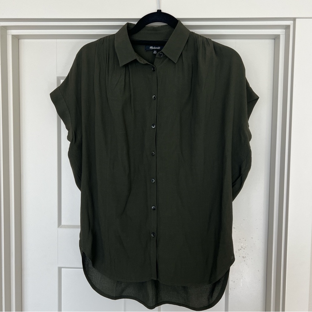 Madewell Olive Green Button-Down Cap Sleeve Blouse